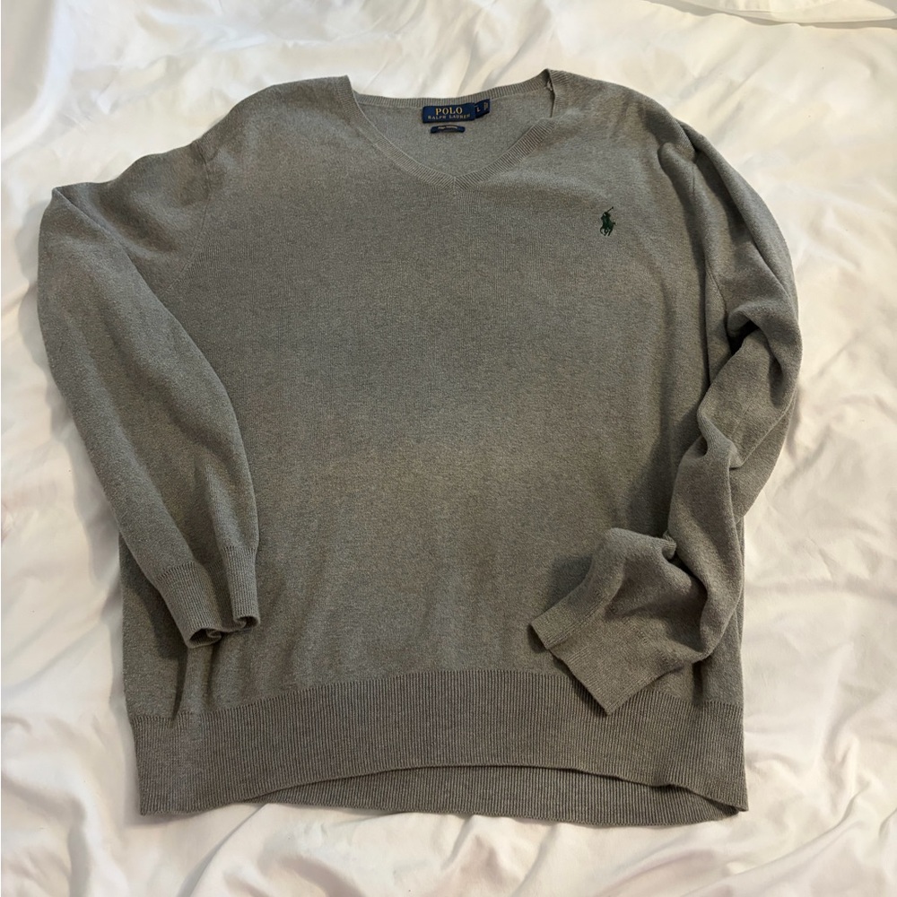 Ralph Lauren Men's V-Neck Sweater in Light Gray with Green Pony - Picture 2 of 6